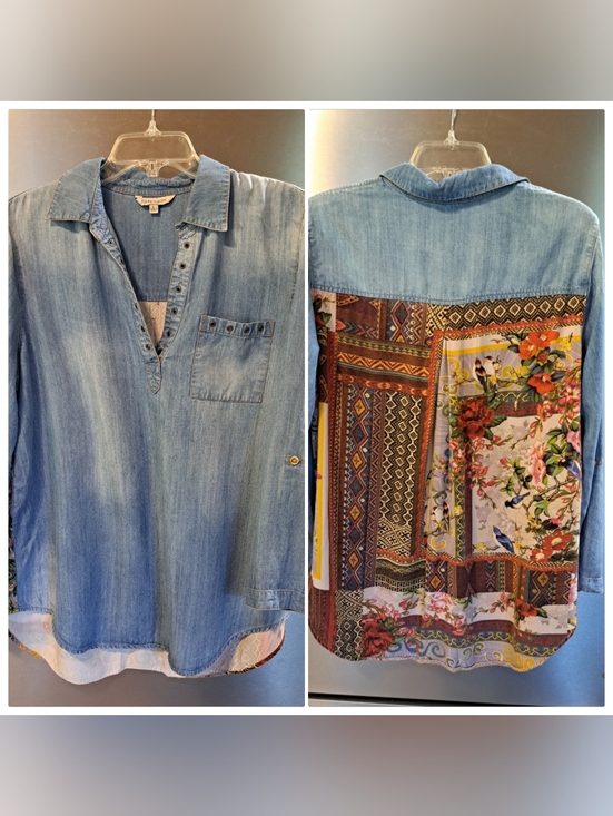 John Mark Tops - Gorgeous John Mark Multi Fabric Top Blouse Boho Birds Aztec Roll Tab LRG